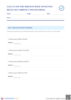 Printable Percent Rate Math Worksheet | Grade 6-8 Aligned