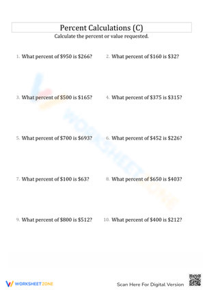 Percent Calculations Practice Worksheet