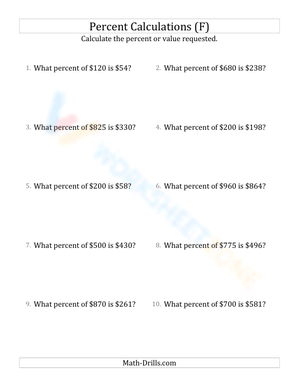 Calculate the percent rate involving regular currency and whole numbers (6)