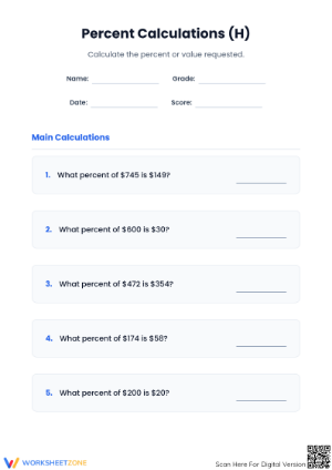 Printable Percent Rate Calculation Worksheet | Grade 6 Math