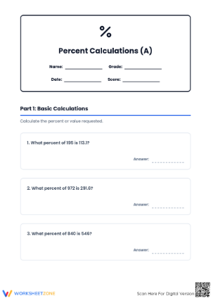 Essential Percent Rate Calculations Worksheet | Grades 6-8