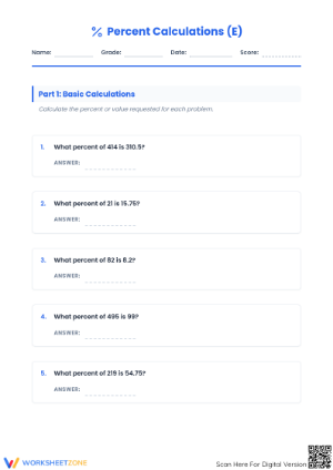 Printable Percent Rate Calculations Worksheet | Grades 6-8
