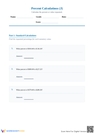 Essential Percent Rate and Currency Worksheet | Grades 4-8