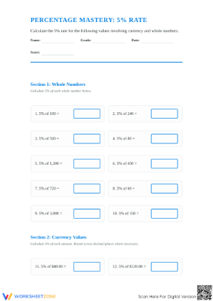 Essential 5% Percentage Rate Worksheet | Grades 4-8 Math
