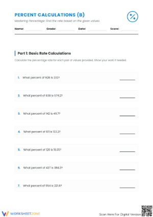 Grade 6-8 Percent Rate — Printable Essential Worksheet