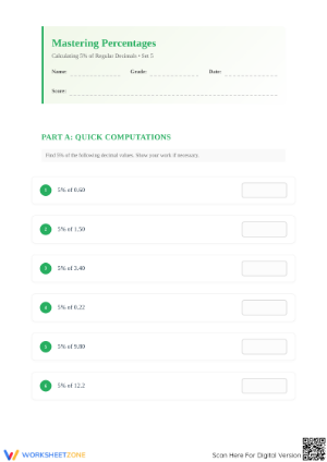 Calculate 5% of Decimals Worksheet | Essential Grade 6 Math