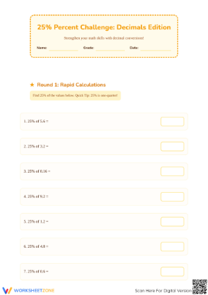 25% Percent of Decimals Worksheet | Essential Grade 6 Math