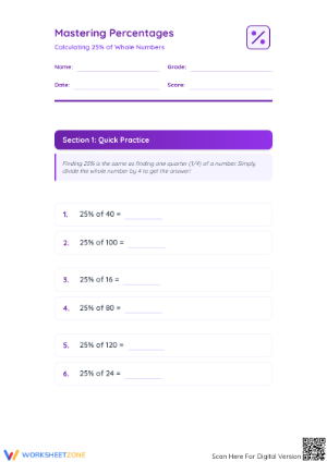 Essential 25% Percentages Worksheet | Grades 4-8 Math