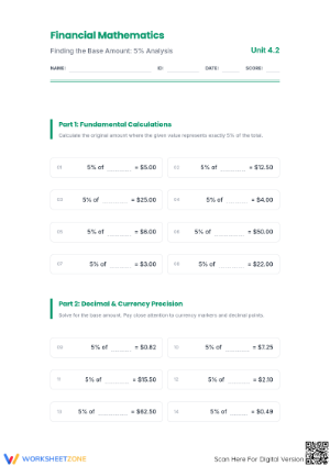 Printable 5% Base Amount Worksheet | Grade 6-8 Math