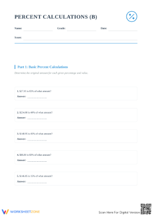 Printable Base Percent Calculation Worksheet | Grades 6-8
