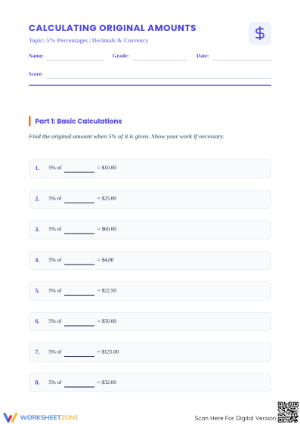 Calculate Original Amount: Essential Grade 6 Math Worksheet