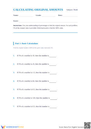 Calculate Original Amount Worksheet | Grade 6 Essential