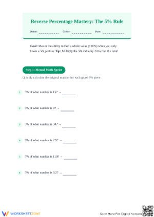 Printable Reverse Percentage Mastery: The 5% Rule Worksheet