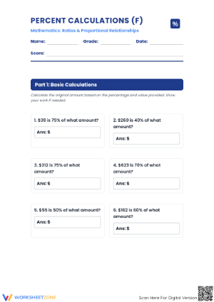 Essential 6.RP.A.3.c Worksheet: Calculate Original Amount