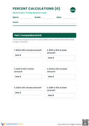 Essential Grade 6-7 Percent Worksheet: Finding Base Value