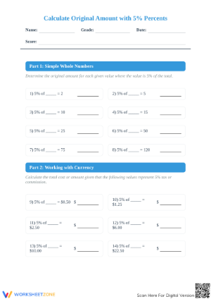 Calculate Original Amount (5%) Printable Worksheet | Grade 6