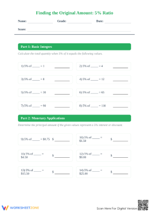 Grade 6 5% Percentage — Printable No-Prep Worksheet