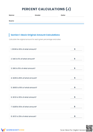 Printable Percent Worksheet: Finding Original Amount