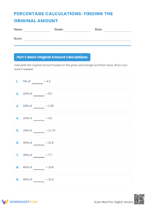 Essential Finding the Original Amount Worksheet | Grade 6-8