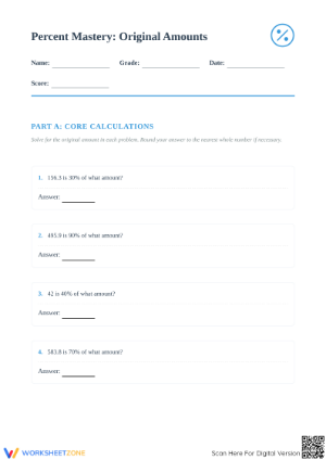 Original Amount Percent Worksheet | Essential Grade 6 Math