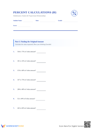 Essential Original Amount Worksheet | Grade 6-7 Aligned