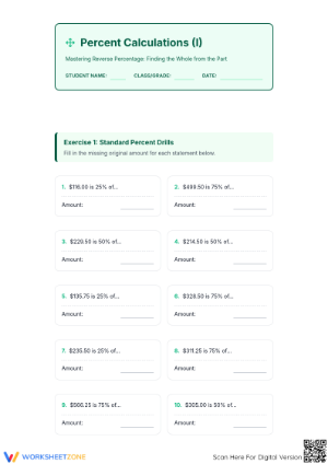 Printable Reverse Percent Worksheet | Grade 6-8 Math