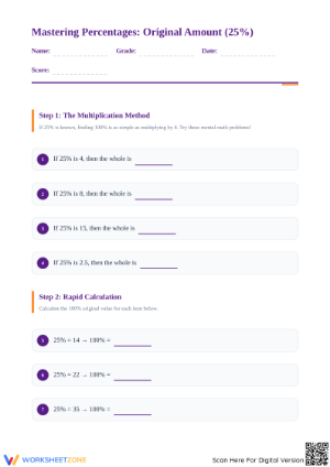 Calculate Original Amount Worksheet | Printable 25% Aligned
