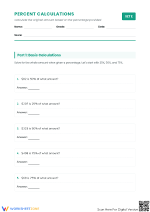Printable Percent Calculations: Find the Original Amount