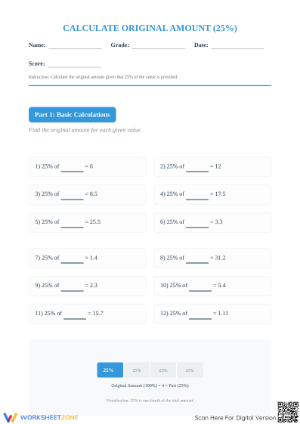 Calculate Original Amount (25%) Worksheet | Essential Math