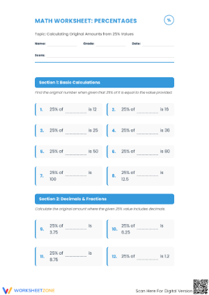 Essential 25% Percentage Worksheet: Find Original Amounts