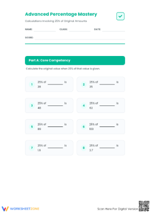 Essential Reverse Percentage: 25% Worksheet for Grade 6