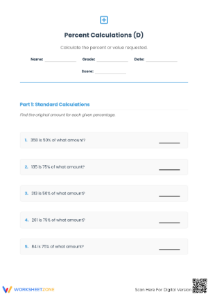 Calculate Original Amount Worksheet | Essential Grade 6 Math