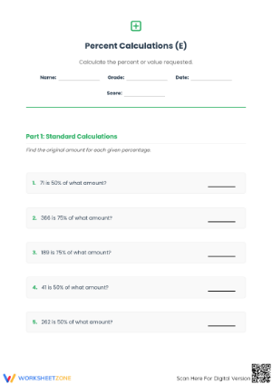 Printable Calculating Original Amount Percent Worksheet
