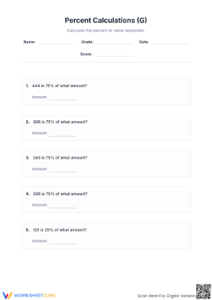 Printable Reverse Percentage Worksheet | Grade 6-7 Math
