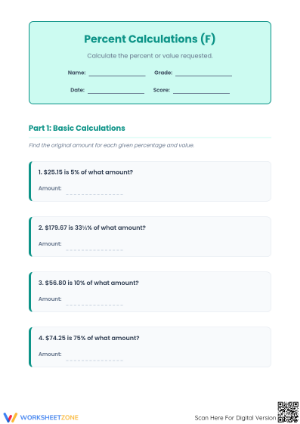 Printable Percent Worksheet: Calculate Original Amount