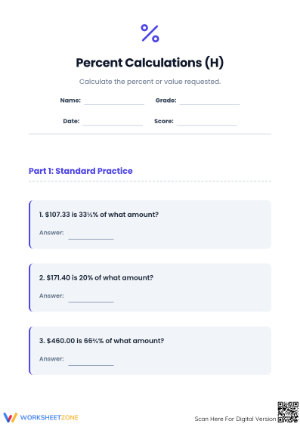 Printable Worksheet: Calculate Original Amount (Grades 6-8)
