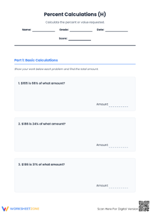 Printable Percent Calculations Worksheet | Grade 6 Math