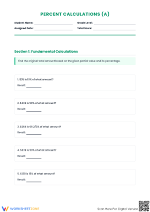 Essential Calculate Original Amount Worksheet | Grade 6-8