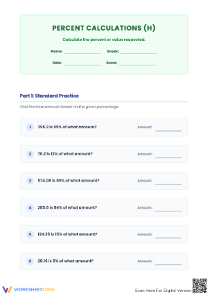 Essential Original Amount Decimal Worksheet | Grade 6 Math