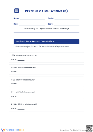 Calculate Original Amount Worksheet | Grade 6-7 Essential