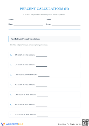 Find the Original Amount Worksheet | Grade 6-8 Essential