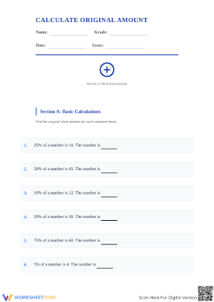 Essential Calculate Original Amount Worksheet | Grade 6 Math