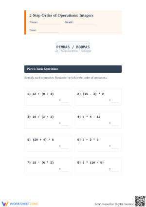 Printable 2-Step Order of Operations with Integers Worksheet