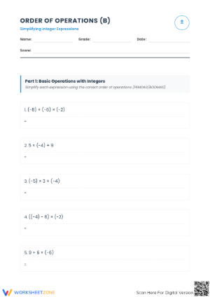 Essential Order of Operations Integer Worksheet | Grade 7