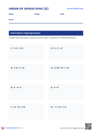Printable Order of Operations with Integers | Grade 7 Math
