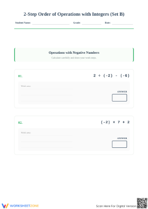 Essential Integer Order of Operations Worksheet | Grade 7
