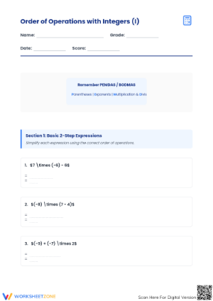 Essential Integer Order of Operations Worksheet | Grade 7
