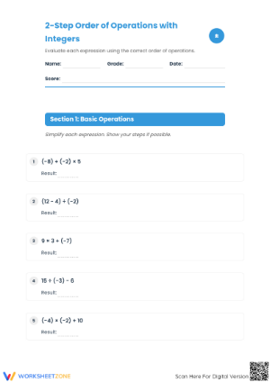 Essential Integers Order of Operations Worksheet: Grade 7 Math