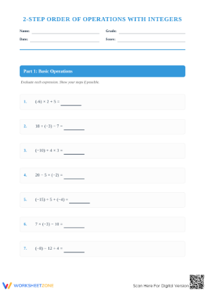 Essential Integer Order of Operations Worksheet | Grade 7