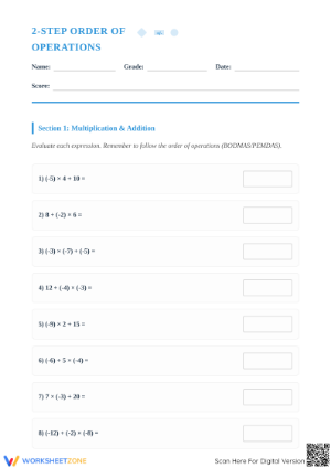 Essential Integer Order of Operations Worksheet | Grade 7